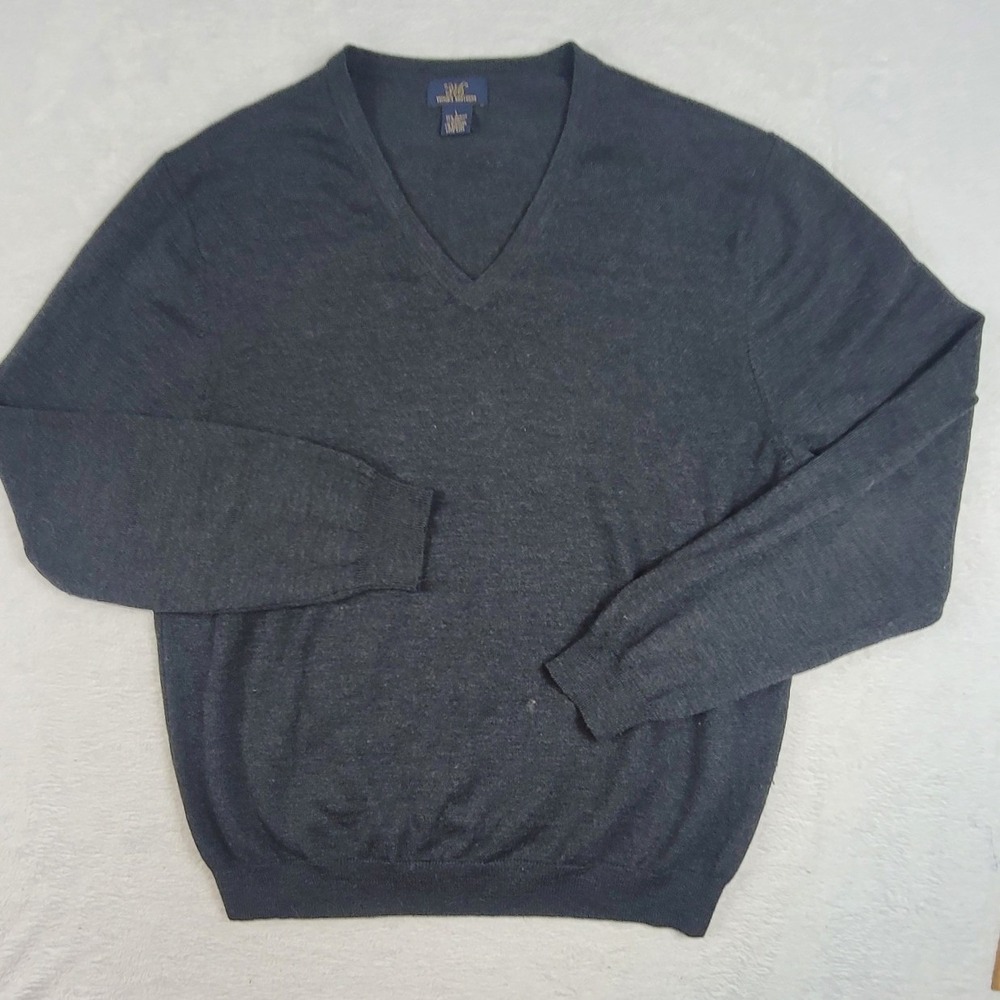 Brooks Brothers 346 Mens V-Neck Sweater Charcoal Gray Merino Wool Blend Large